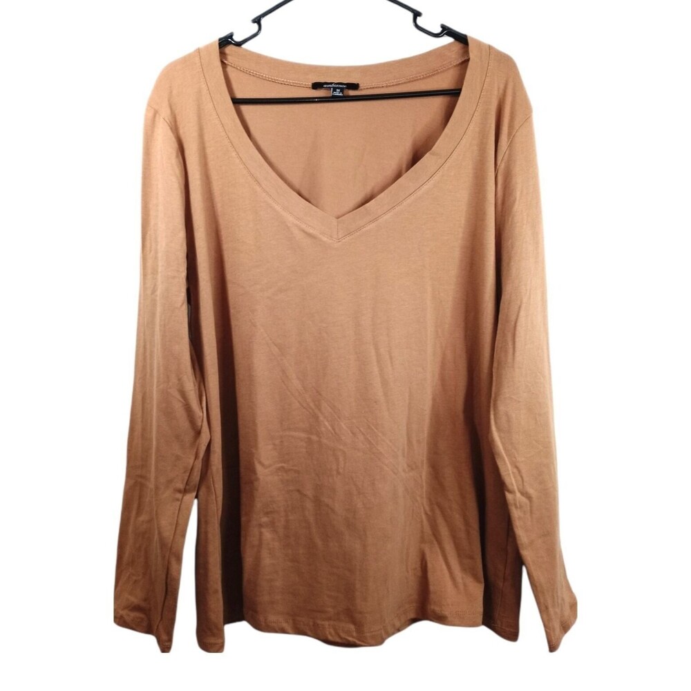 Ambiance Light Brown Long Sleeve V Neck Shirt 3XL